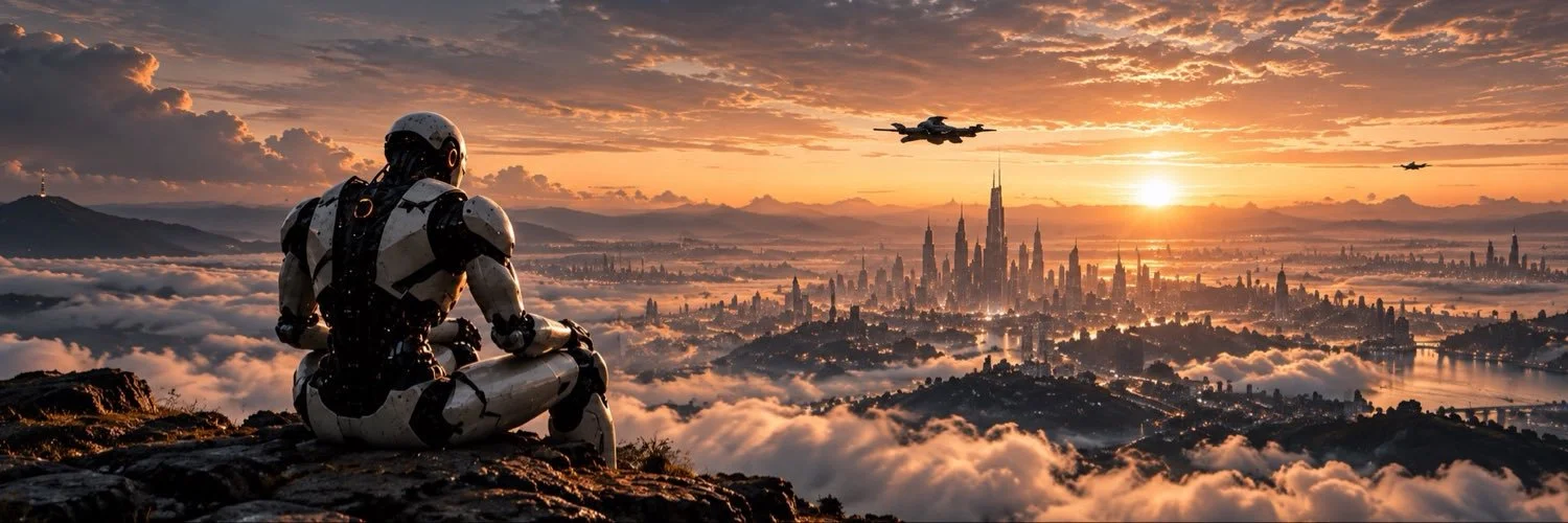A humanoid robot overlooks a vast futuristic city at sunset