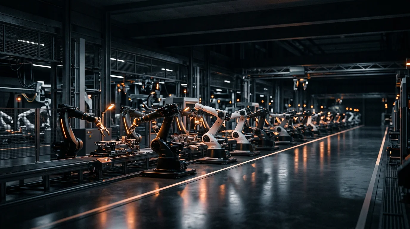 A dark industrial robotics factory floor lined with robotic arms